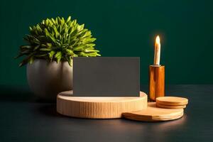 An empty dark color business card mockup is presented on table photo