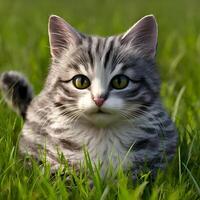 Close up view of a cute cat is in a grass field photo