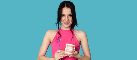 A young Caucasian brunette woman with a toothbrush and a jaw model on a blue background. A panoramic banner with a place for your text. photo