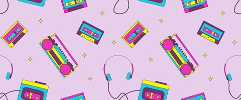 Seamless Pattern with 90s Retro Elements, Music Objects vector
