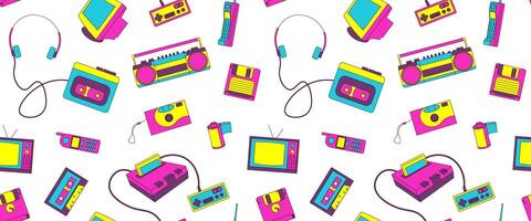 Seamless Pattern with 90s Retro Elements, Gadgets vector