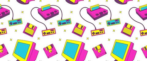 Seamless Pattern with 90s Retro Elements, Game Objects vector