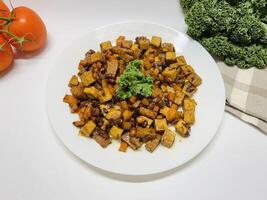 Oseng Tempe and Tofu is Indonesian stir-fried tempeh, tofu and carrot seasoned with shallots, garlic, salt, bay leaf, galangal and sweet soy sauce served on white plate photo