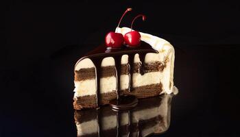 a piece of cake with chocolate and cherry on top photo