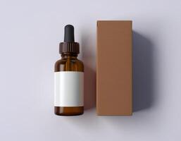 a bottle of essential oil with a brown box on a white background photo