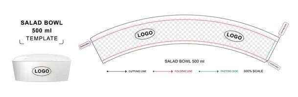 Salad Bowl container die cut template for 500 ml with 3D blank mockup vector