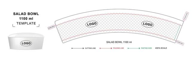 Salad Bowl container die cut template for 1100 ml with 3D blank mockup vector