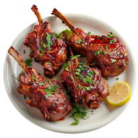 Lamb Chops on Plate with Lemon Slices on Transparent Background AI-Generative png
