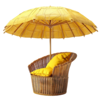 Wicker Chair with Yellow Umbrella on Transparent Background AI-Generative png