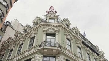 Norway, Oslo - July 27, 2022. bottom view of a beautiful building details on cloudy sky background. Action. Concept of architecture. video