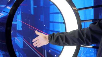Touch circle for virtual communication. Media. New technology of virtual immersion. Manual motion control in virtual space video