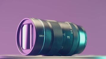 FRANCE, PARIS - MARCH 21, 2022. Large wide angle lens. ACTION. Showing a new lens on a purple background. Large zoom lens for SLR camera video