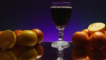 Dark drink with citrus fruits around. Stock clip. Drink with foam on background of citrus fruits and isolated background. Bar drink with citrus fruits video