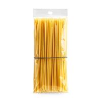 pasta noodles bundled in small cello bag on white background, photo