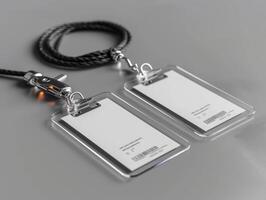 two clear name badges hang on two ropes in front of an iphone or smartphone, photo