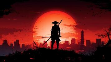 the silhouette of a japanese soldier with sword in cityscape area, photo