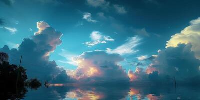 clouds with birds floating down the water under a bright sky, photo