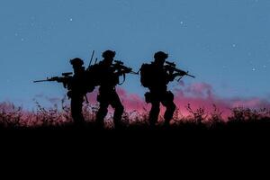 three soldiers standing on top of grasses under a night sky, photo