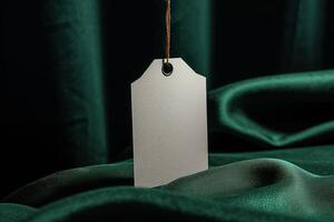 a name tag suspended from a cord on fabric, photo