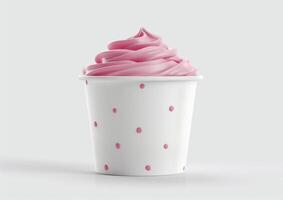 a pink cup with a frosted topping on it, photo