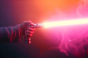 a person holding up a light saber with both of his hands, photo
