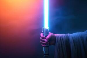 the lightsaber has been glowing blue and red, photo