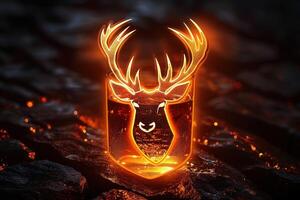 an illuminated deer head surrounded by fire in the dark, photo