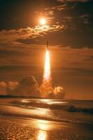 the space shuttle launches into a cloudy sky, photo