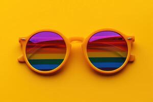 pair of glasses sitting on top of a yellow background, photo