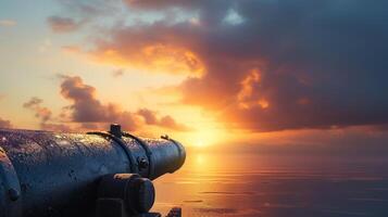 an old cannons cannon overlooking the ocean during sunset, photo
