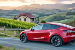 an electric car in front of a house on the road, photo