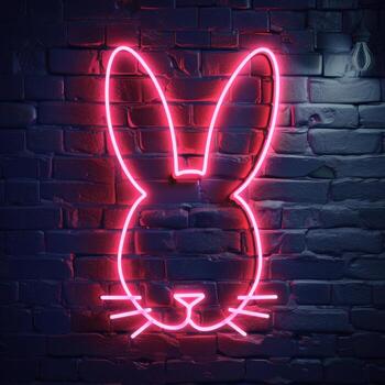 neon rabbit head on brick wall with light, photo