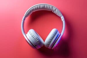 headphones on pink surface including one with light, photo