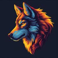 a stylized, vectorized wolf face with orange and blue markings, photo