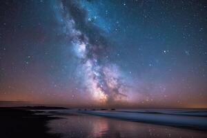 a large body of water surrounded by lights of stars, photo