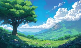 beautiful landscape in anime style with green grass, big and yellow tree, photo