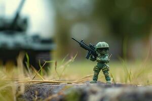 toy soldier with machine gun and tank in background, photo