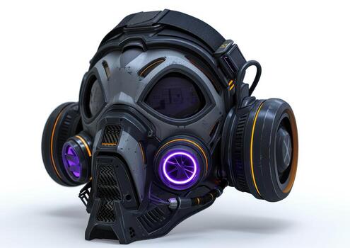 a gas mask sits on a white surface, photo