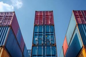 blue containers stacked on top of each other near one another, photo