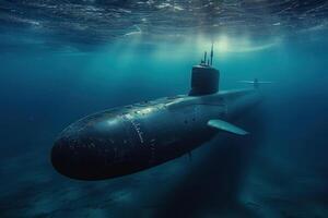 an old submarine swimming toward the camera, photo