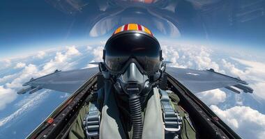 jet fighter in red and black looking down from the cockpit, on wing, photo