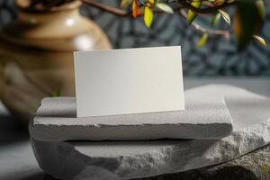 an empty business card sitting on some kind of stone, photo