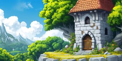 cartoon stone castle in the middle of a pine grove, photo