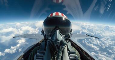 fighter looking out the seat of his jet while carrying it all around, photo