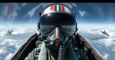 a fighter in jet pilot gear taking off over clouds, photo