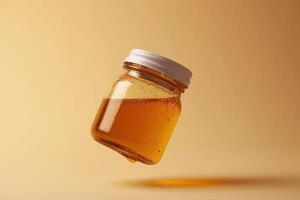 a jar with honey jumping in the air and reflecting a sun, photo