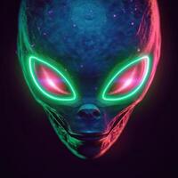 a glowing alien looking face with red, green and purple, photo