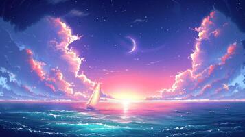 a sun setting over the ocean with boats, photo