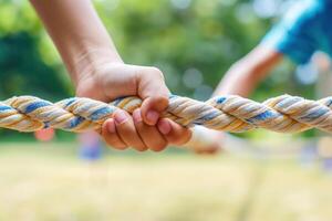 two hands pull with rope together on a sunny day, photo