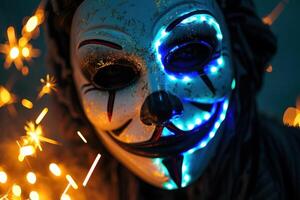 a mask with blue and white led lights around it, photo
